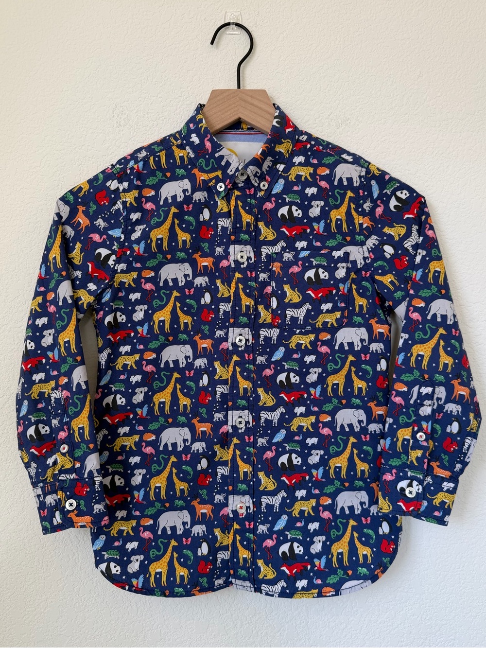 Mini Boden Navy Shirt with Colorful Animal Print 7-8